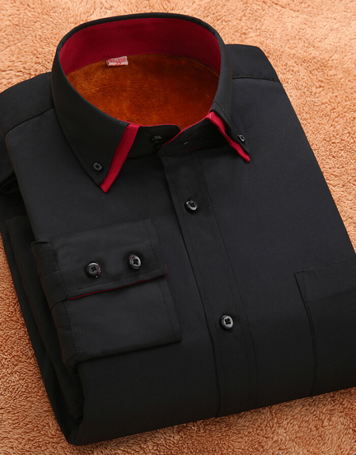 保羅 加絨加厚襯衫男男士雙層領長袖保暖襯衣 黑色 SL5602 42